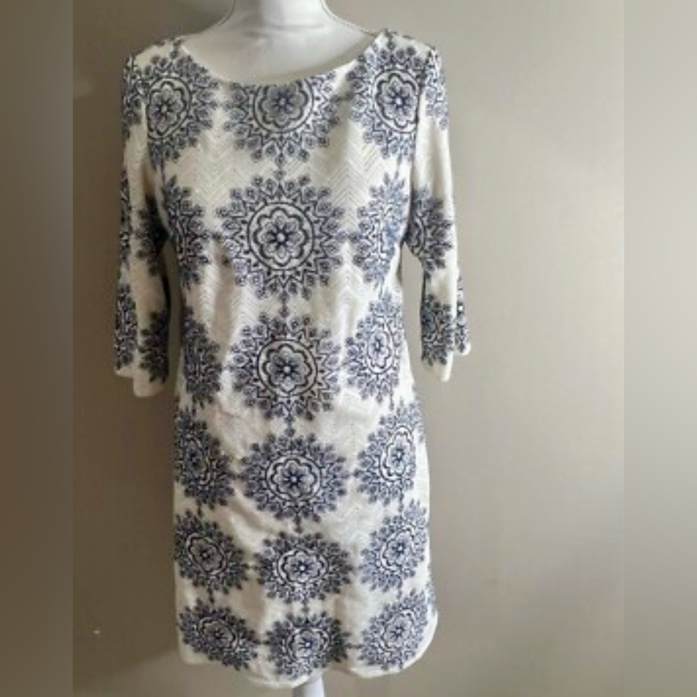Elegant Cream and Navy Patterned Dress